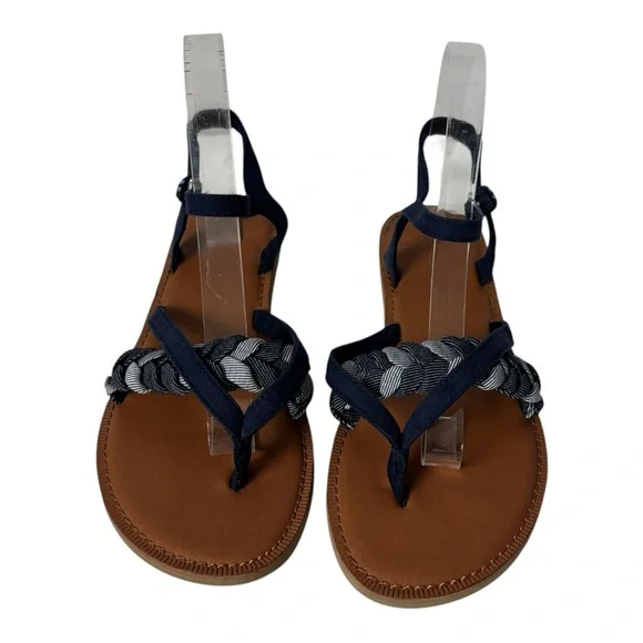 TOMS Lexie Flat Sandals Navy Chambray Shoe Toe Post Ankle Strap Women’s Sz 8.5 - Picture 2 of 8